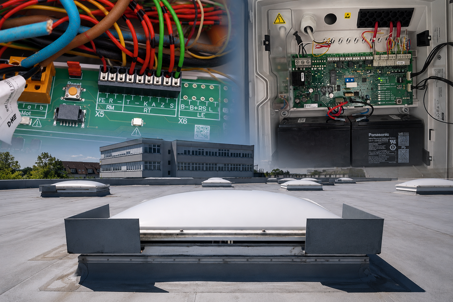 Geöffnete RWA-Zentrale mit Steuerungsplatine und Versorgungsbatterien während der Störungssuche