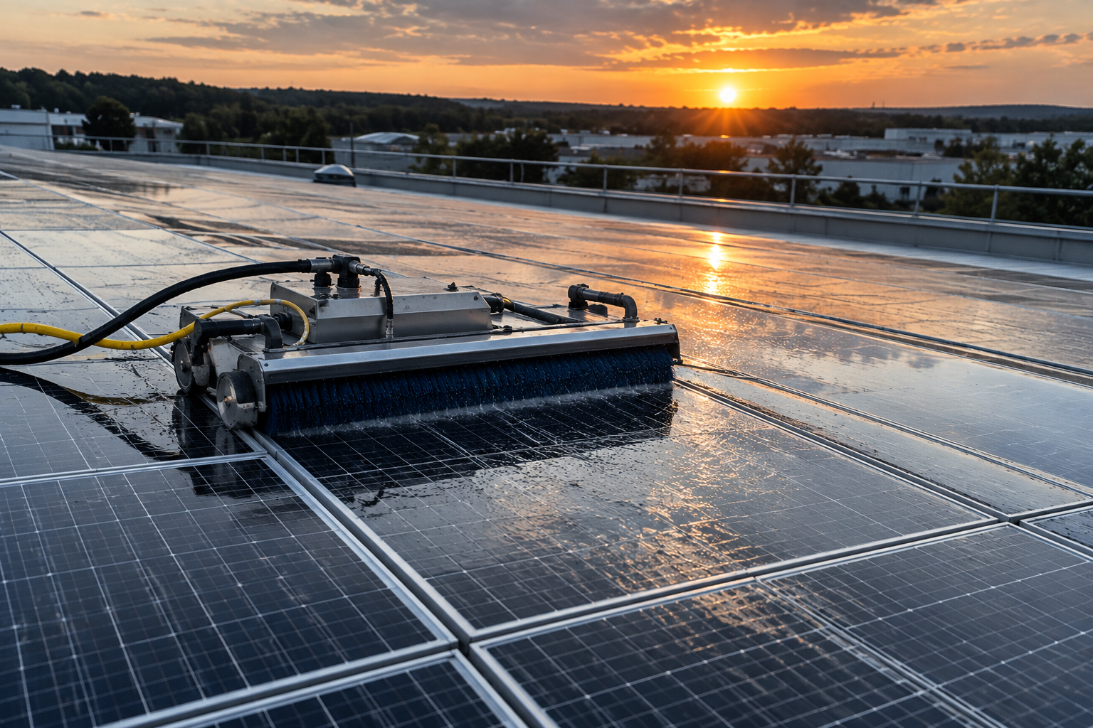 Photovoltaik-Modulreihen auf einem Gewerbedach neben Lichtbändern in der Abenddämmerung