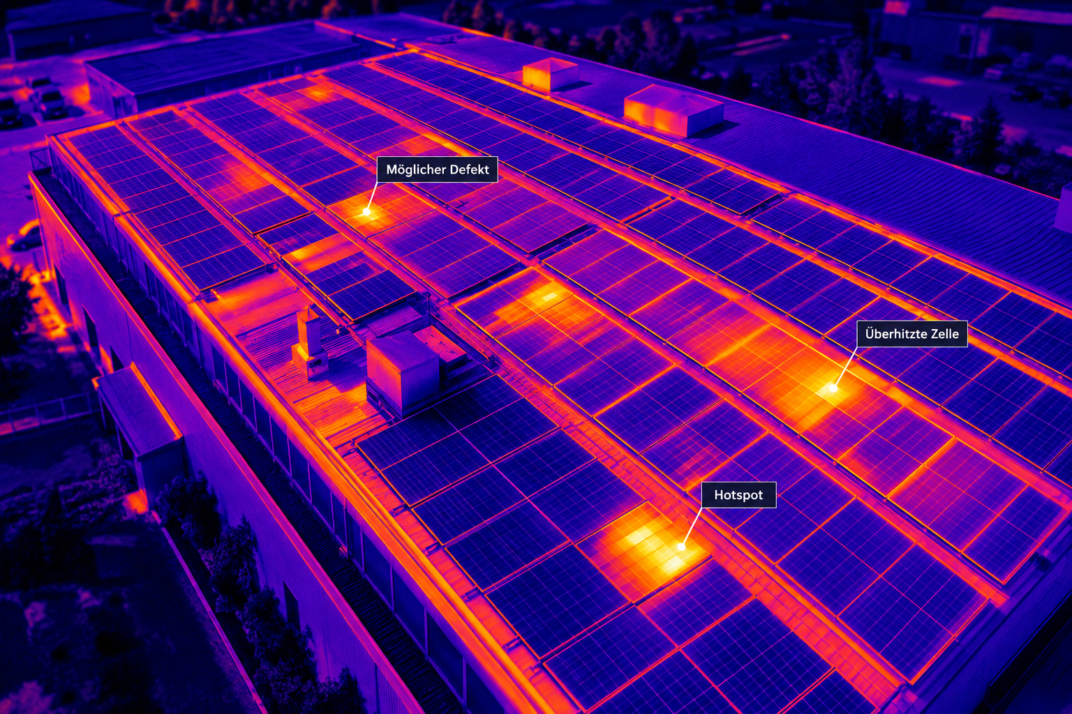 Wärmebildaufnahme einer Gewerbe-PV-Anlage mit markierten thermischen Auffälligkeiten wie Hotspots